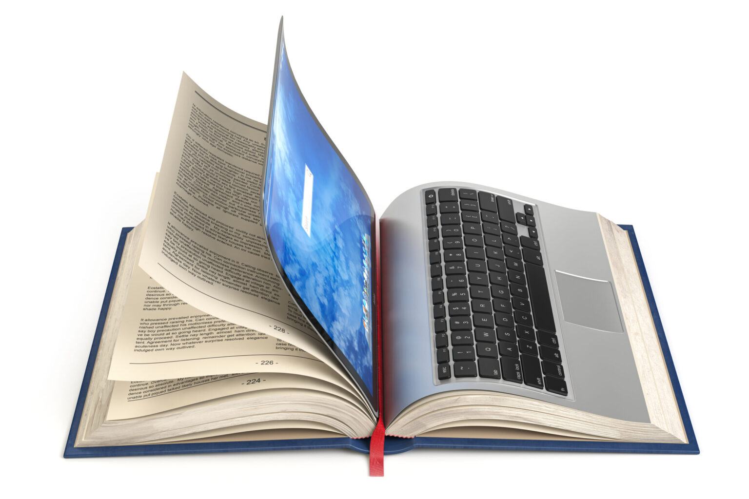 Online library, online education or e-learning internet concept. Open laptop and book compilation. 3d illustration
